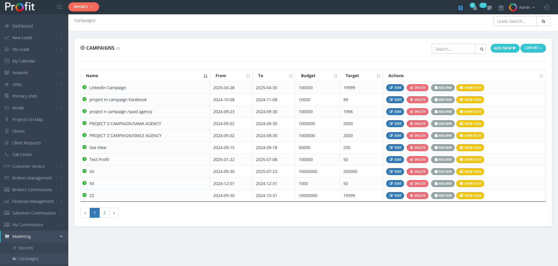 Campaigns Management Interface
